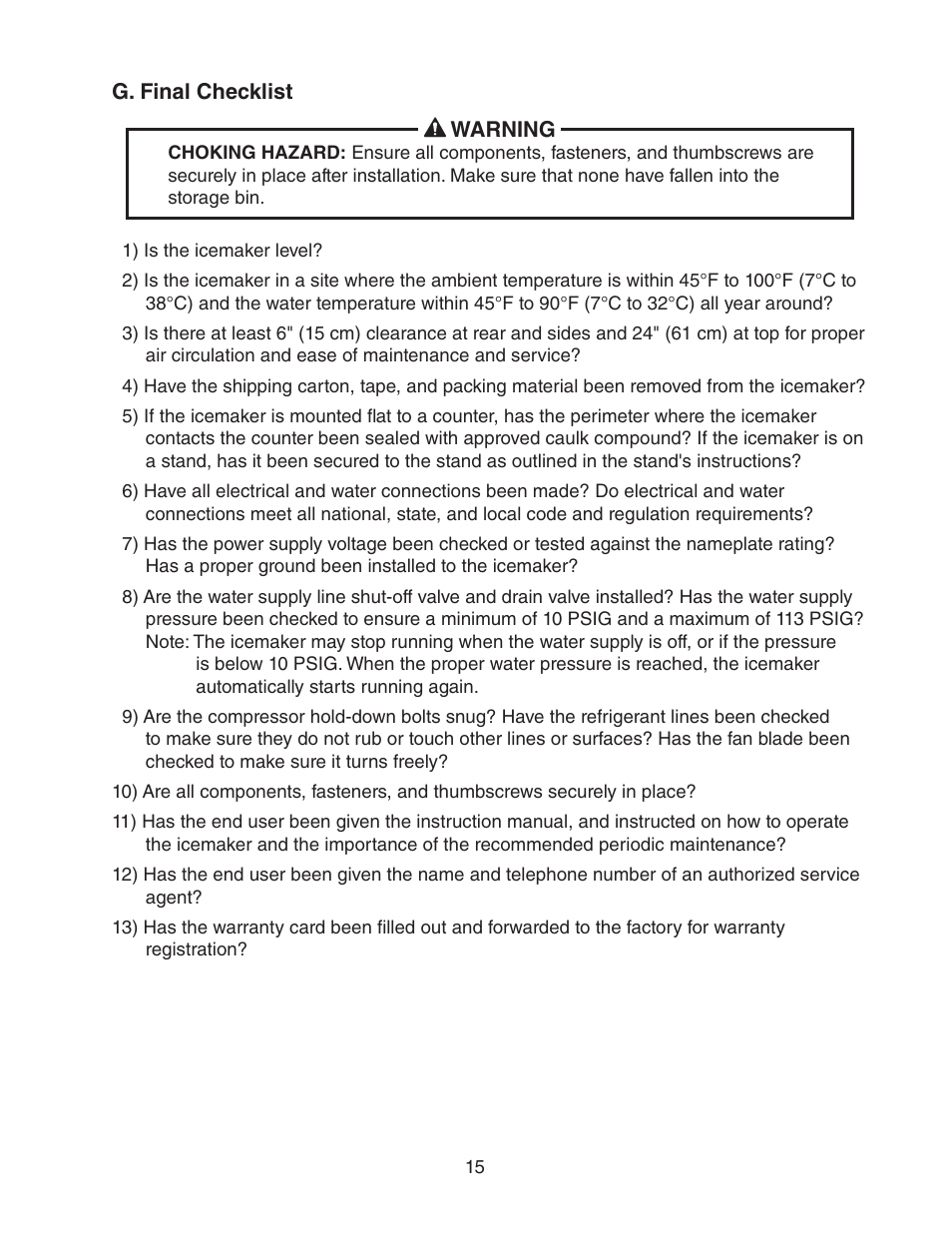 G. final checklist | Hoshizaki DCM-300BAH(-OS) User Manual | Page 15 / 25