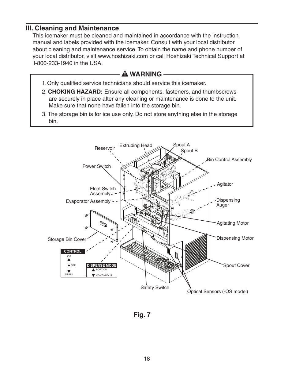 Iii. cleaning and maintenance, Warning, Fig. 7 | Hoshizaki DCM-300BAH(-OS) User Manual | Page 18 / 25