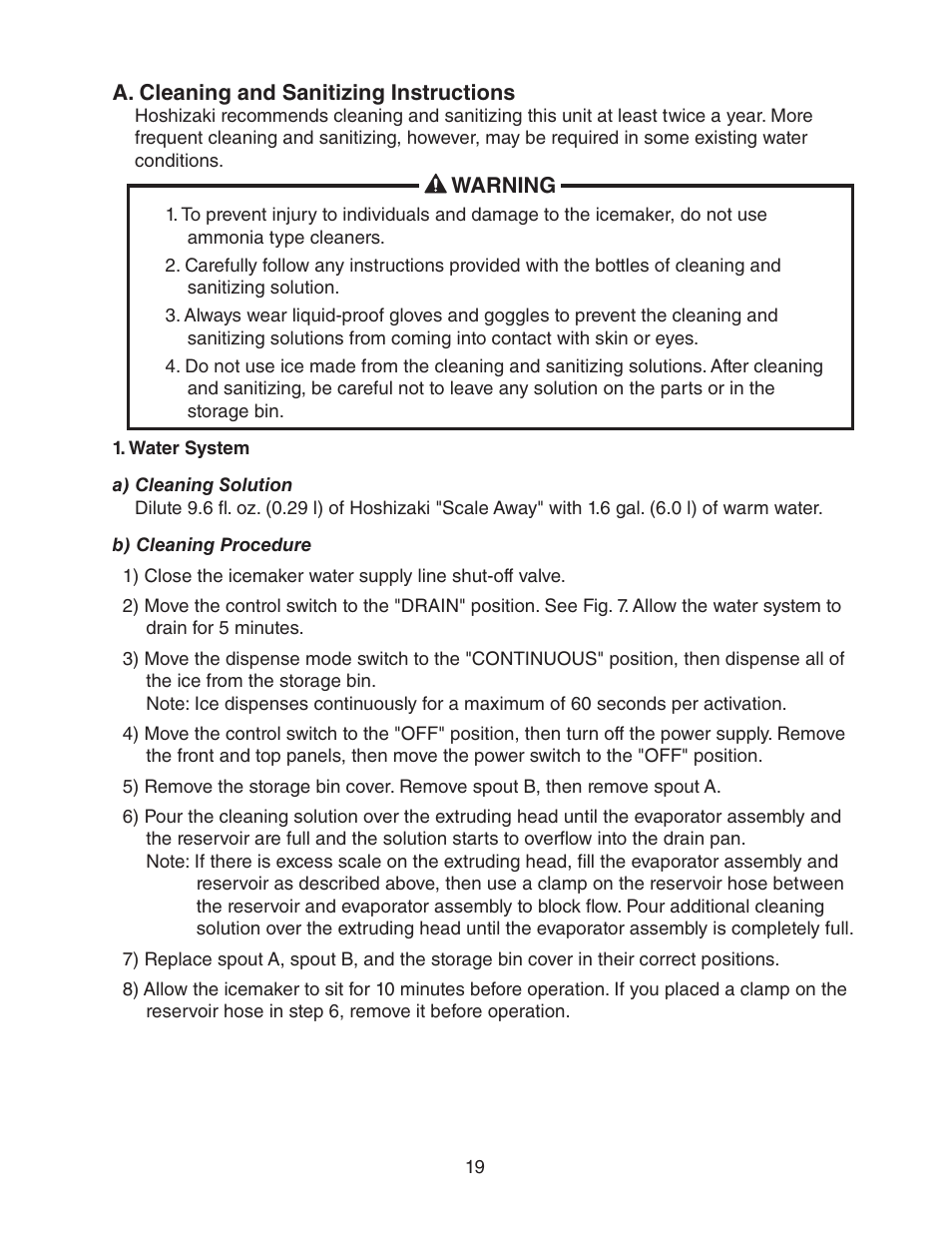 A. cleaning and sanitizing instructions, Water system | Hoshizaki DCM-300BAH(-OS) User Manual | Page 19 / 25