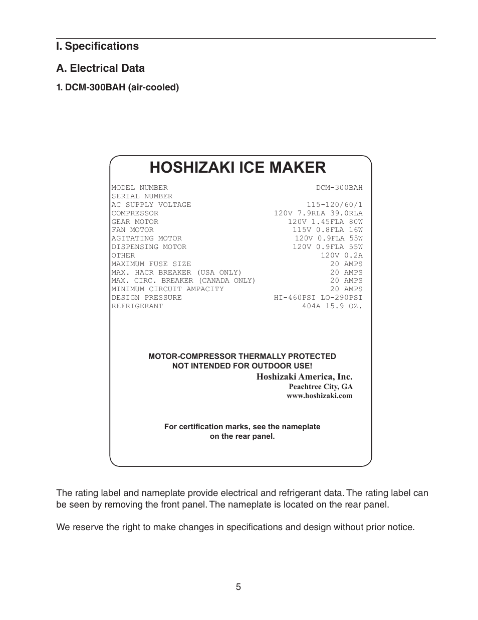 I. specifications, A. electrical data, Dcm-300bah (air-cooled) | Hoshizaki ice maker, I. specifications a. electrical data | Hoshizaki DCM-300BAH(-OS) User Manual | Page 5 / 25