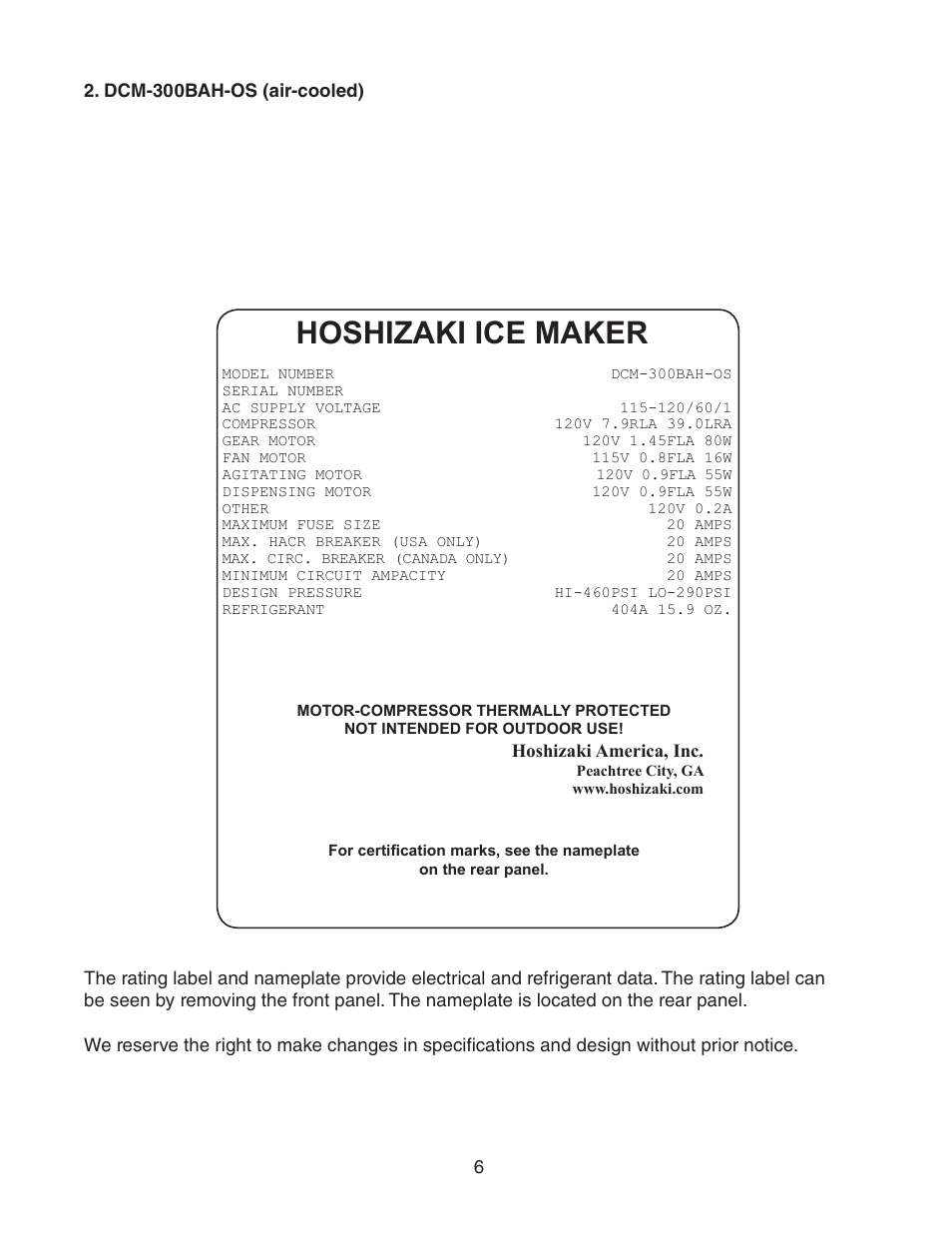 Dcm-300bah-os (air-cooled), Hoshizaki ice maker | Hoshizaki DCM-300BAH(-OS) User Manual | Page 6 / 25