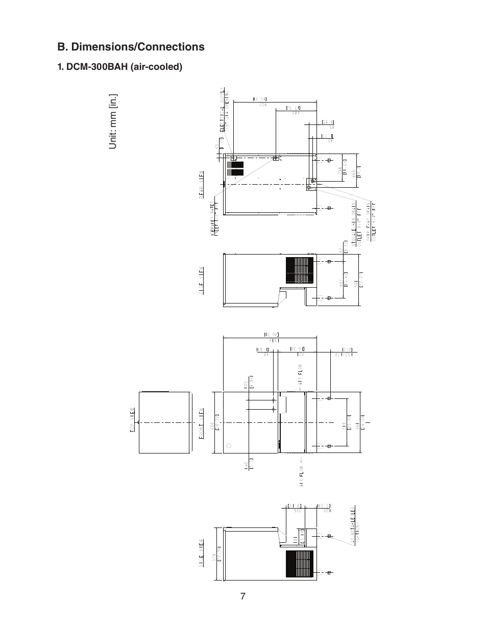 B. dimensions/connections, Dcm-300bah (air-cooled) | Hoshizaki DCM-300BAH(-OS) User Manual | Page 7 / 25