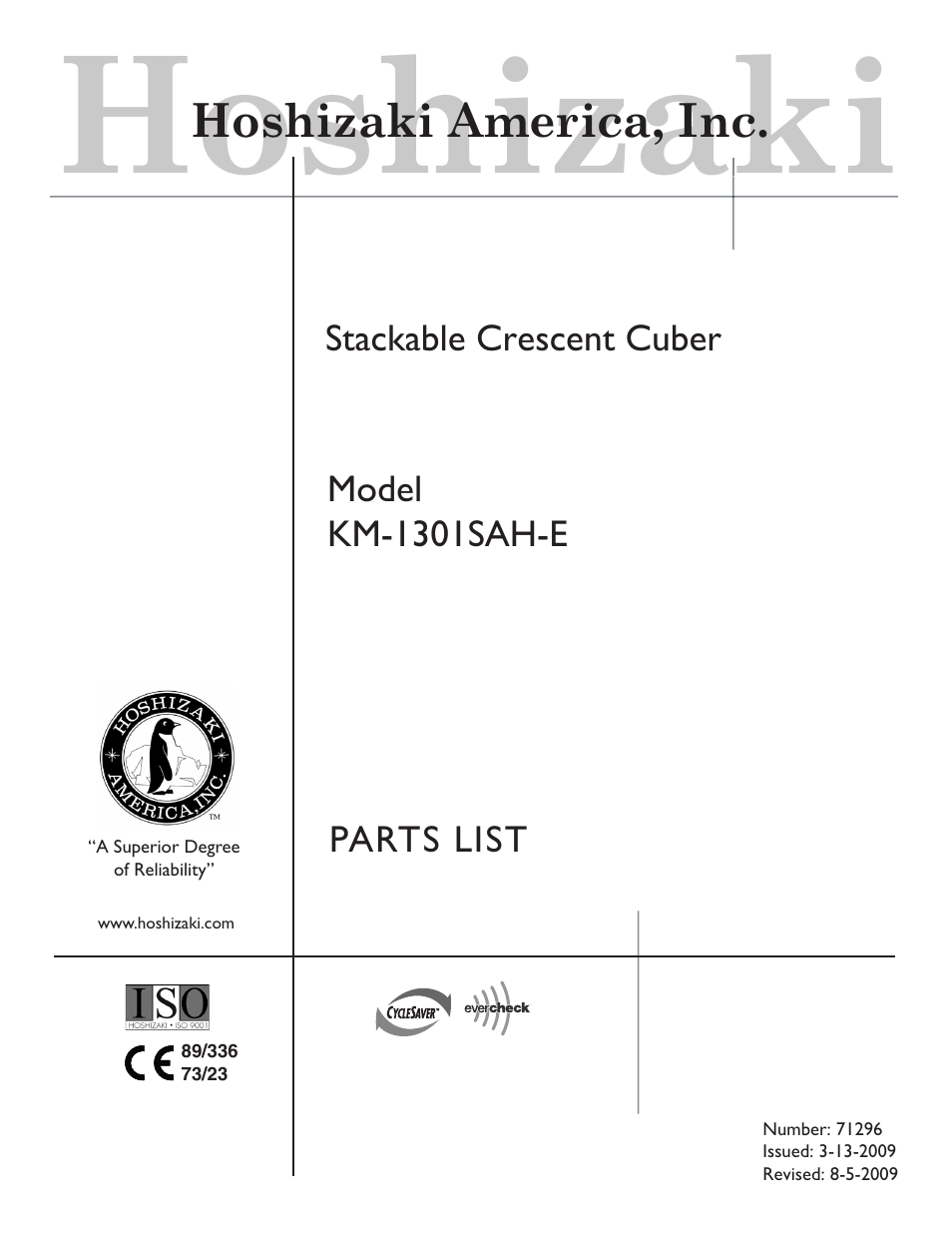 Hoshizaki KM-1301SAH-E User Manual | 22 pages