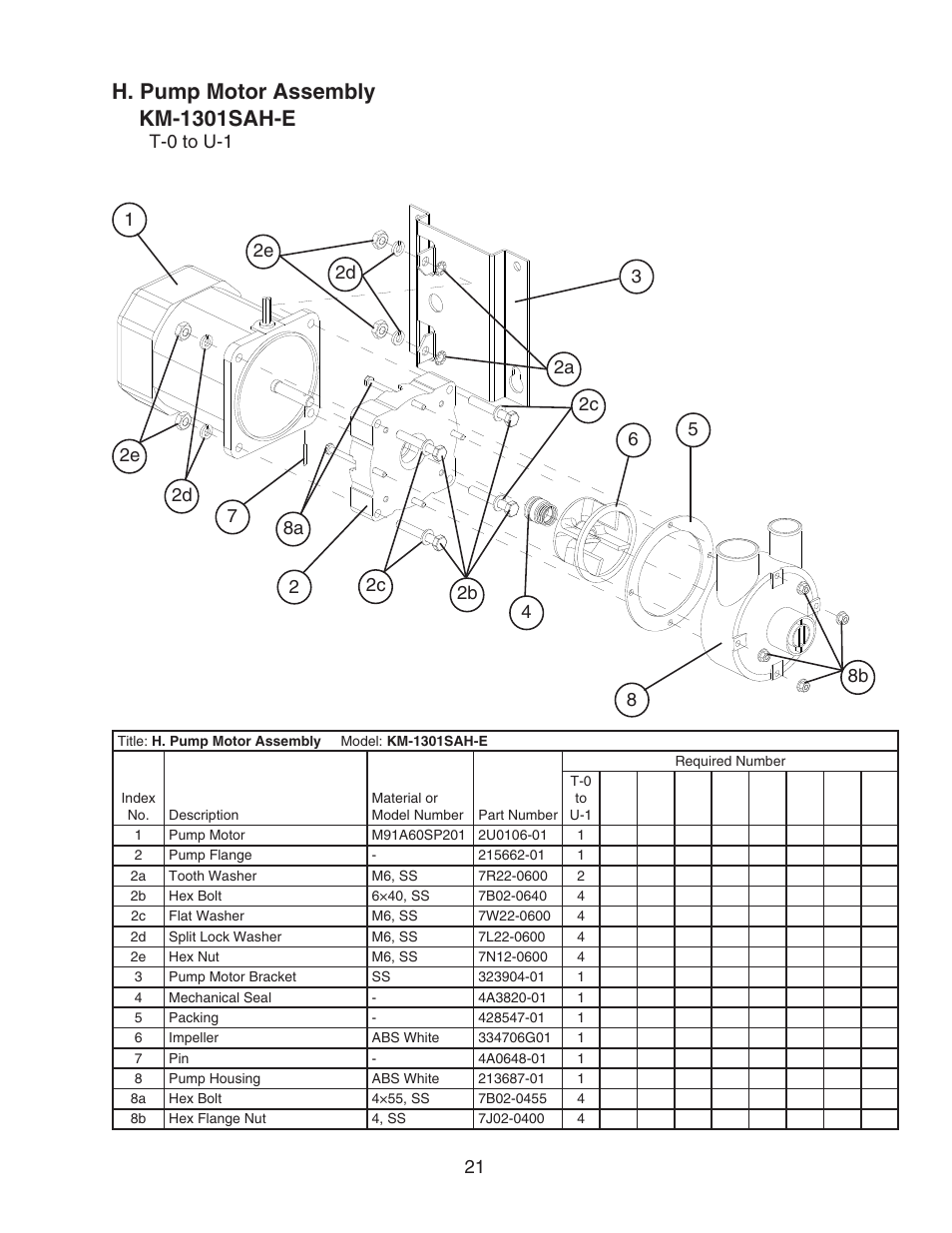 H. pump motor assembly, H. pump motor assembly km-1301sah-e | Hoshizaki KM-1301SAH-E User Manual | Page 21 / 22