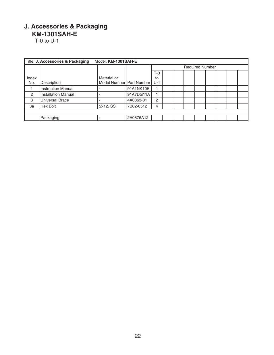 J. accessories & packaging, J. accessories & packaging km-1301sah-e | Hoshizaki KM-1301SAH-E User Manual | Page 22 / 22