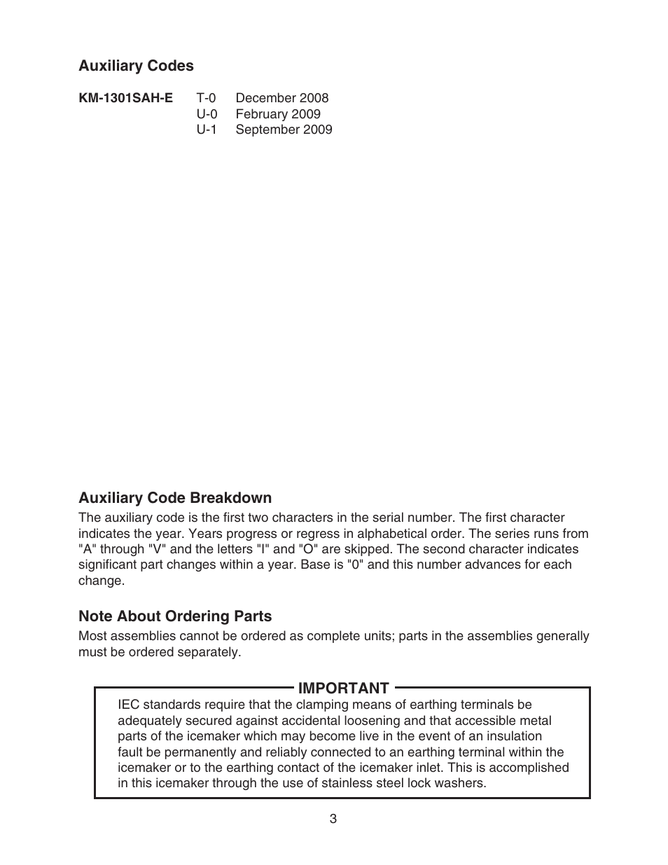 Auxiliary codes, Note about ordering parts, Auxiliary codes note about ordering parts | Hoshizaki KM-1301SAH-E User Manual | Page 3 / 22