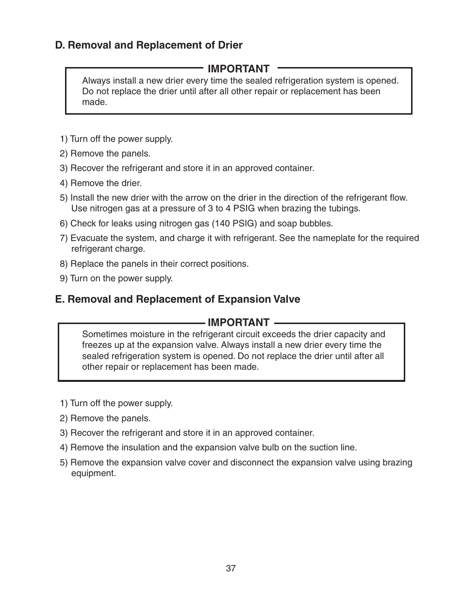 D. removal and replacement of drier, E. removal and replacement of expansion valve | Hoshizaki KM-320MAH User Manual | Page 37 / 50