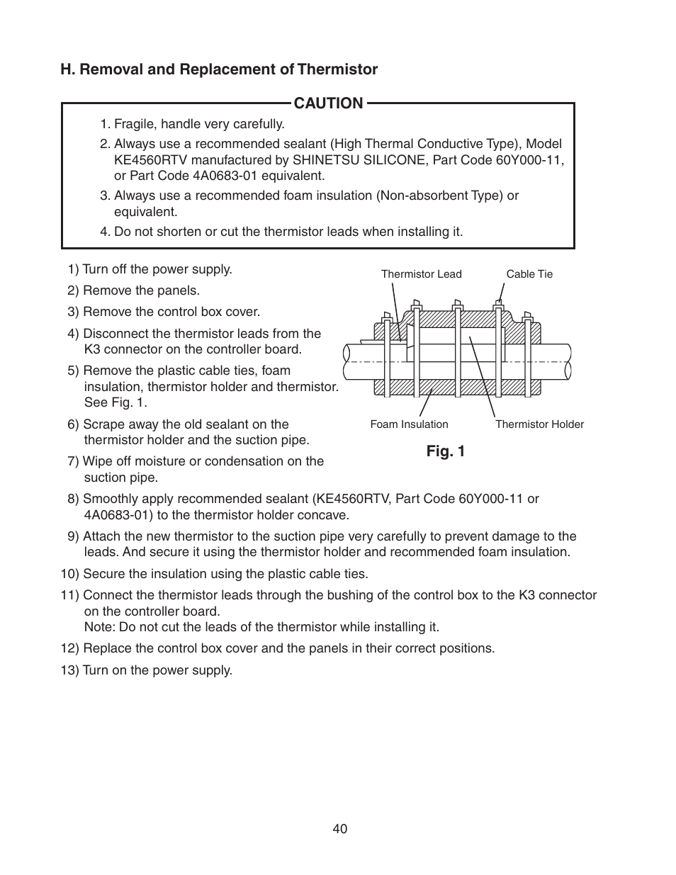 H. removal and replacement of thermistor | Hoshizaki KM-320MAH User Manual | Page 40 / 50
