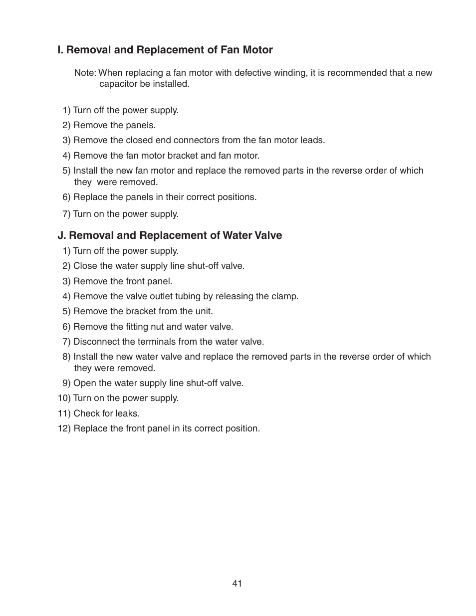 I. removal and replacement of fan motor, J. removal and replacement of water valve | Hoshizaki KM-320MAH User Manual | Page 41 / 50