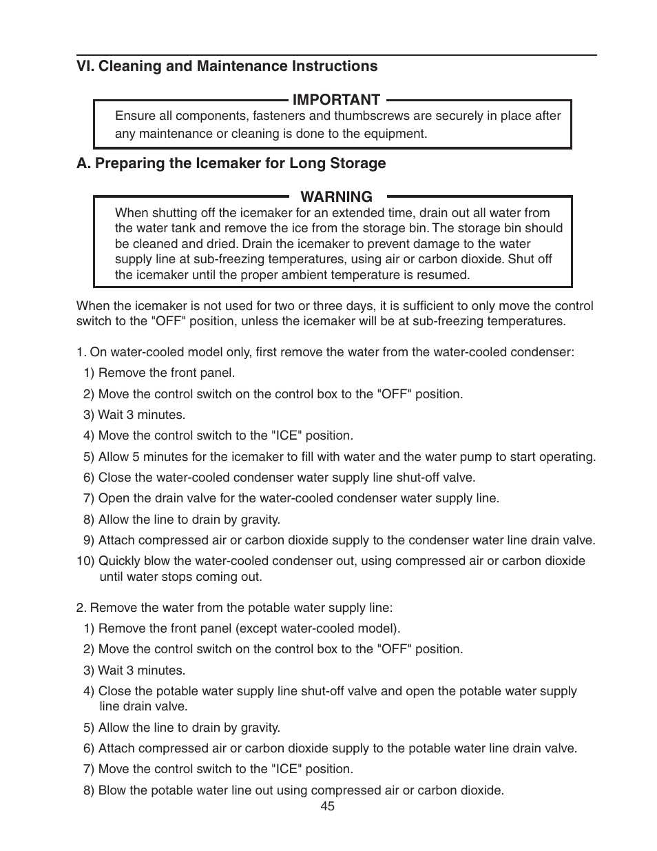 Vi. cleaning and maintenance instructions, A. preparing the icemaker for long storage | Hoshizaki KM-320MAH User Manual | Page 45 / 50