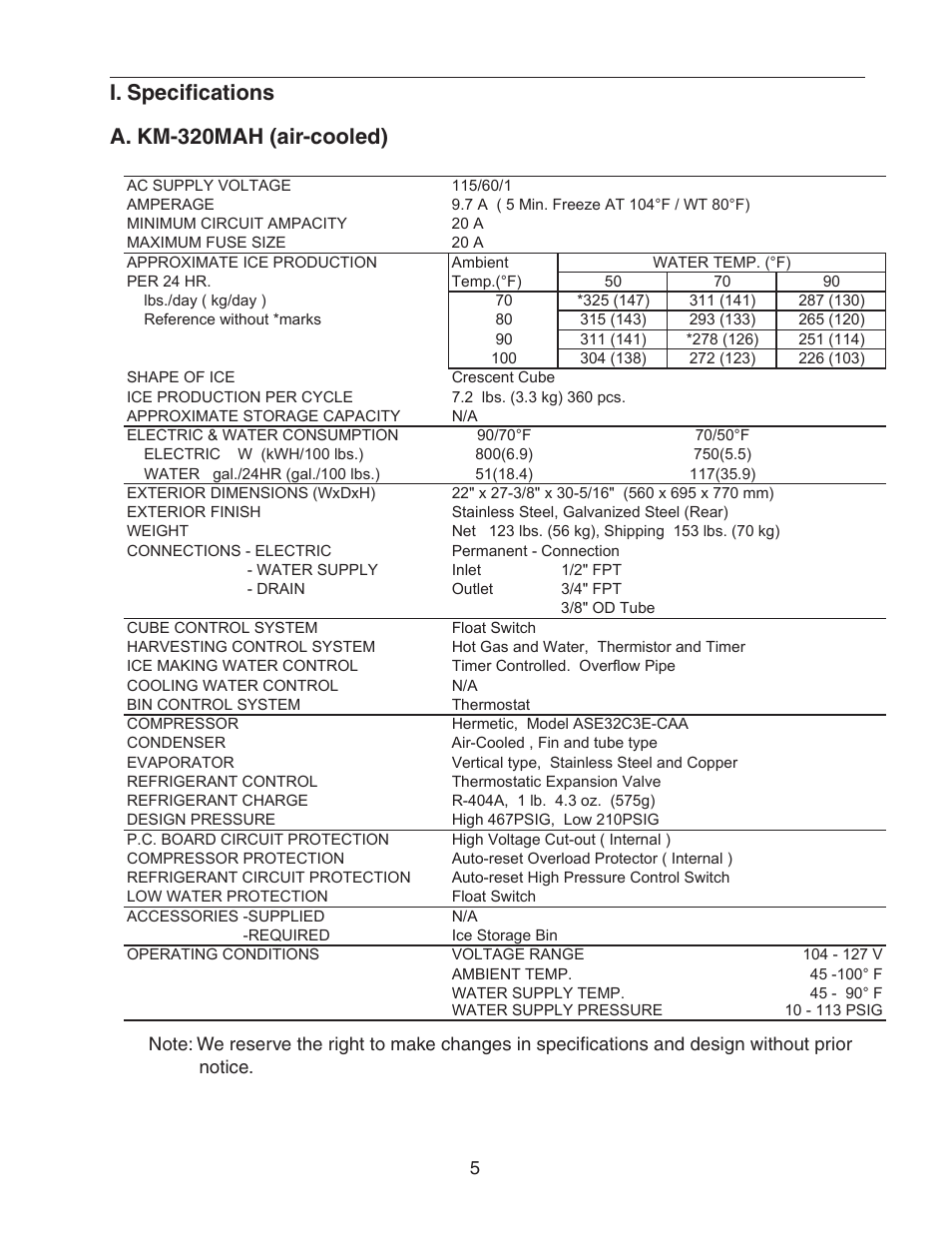 I. specifications, A. km-320mah (air-cooled), I. specifications a. km-320mah (air-cooled) | Hoshizaki KM-320MAH User Manual | Page 5 / 50