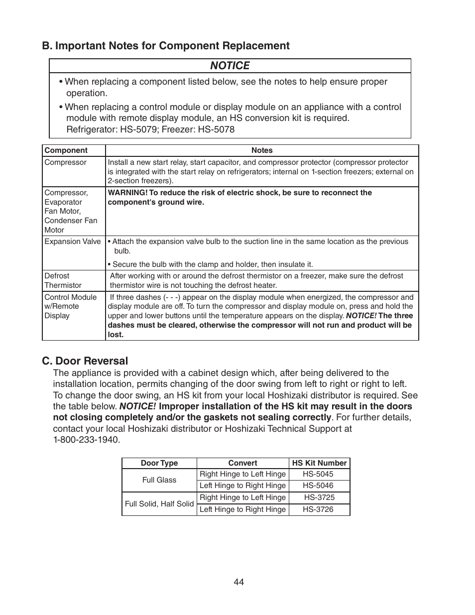 B. important notes for component replacement, C. door reversal | Hoshizaki AMERICA 73183 User Manual | Page 44 / 63