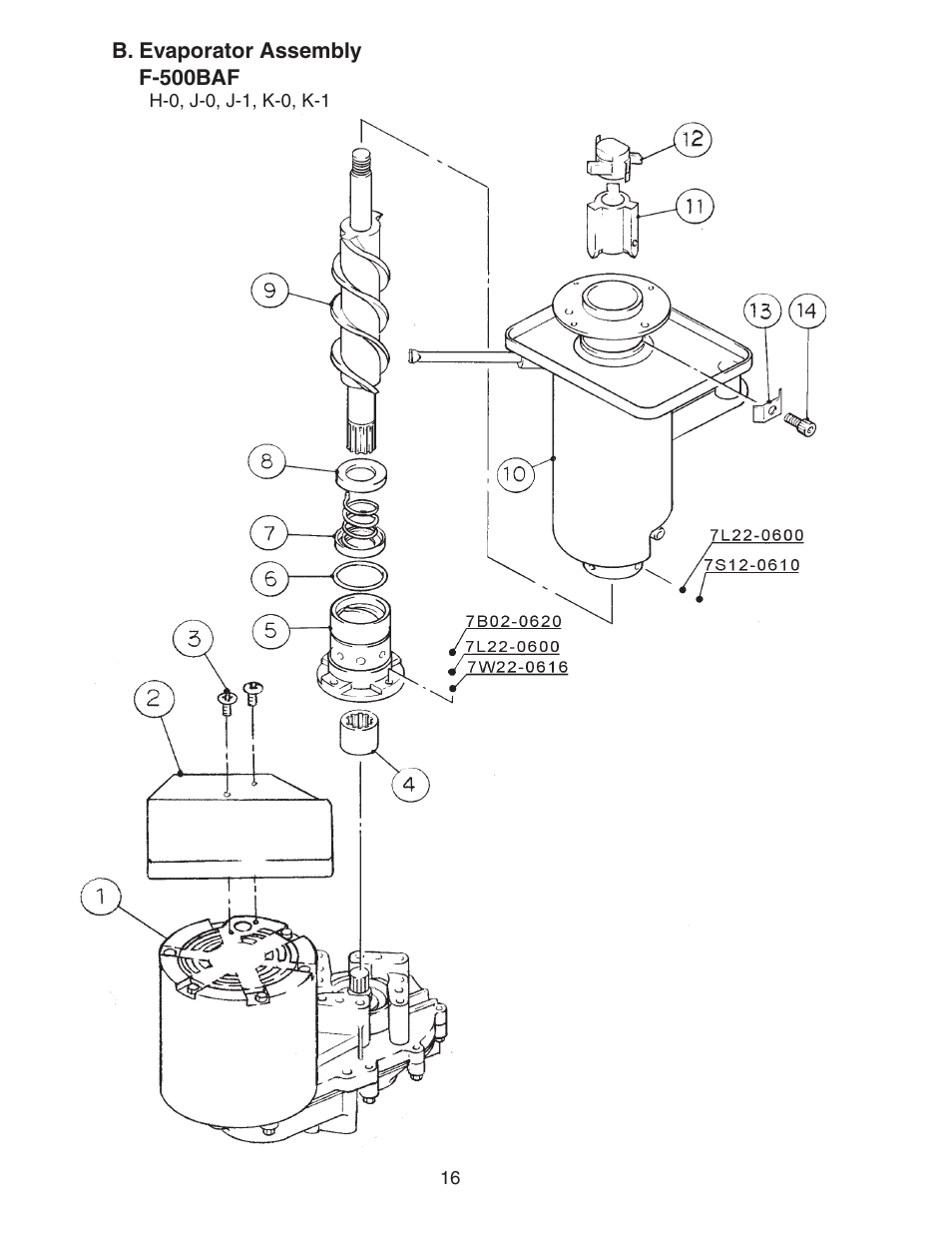 B. evaporator assembly, F-500baf | Hoshizaki F-500BAF/-C User Manual | Page 16 / 38
