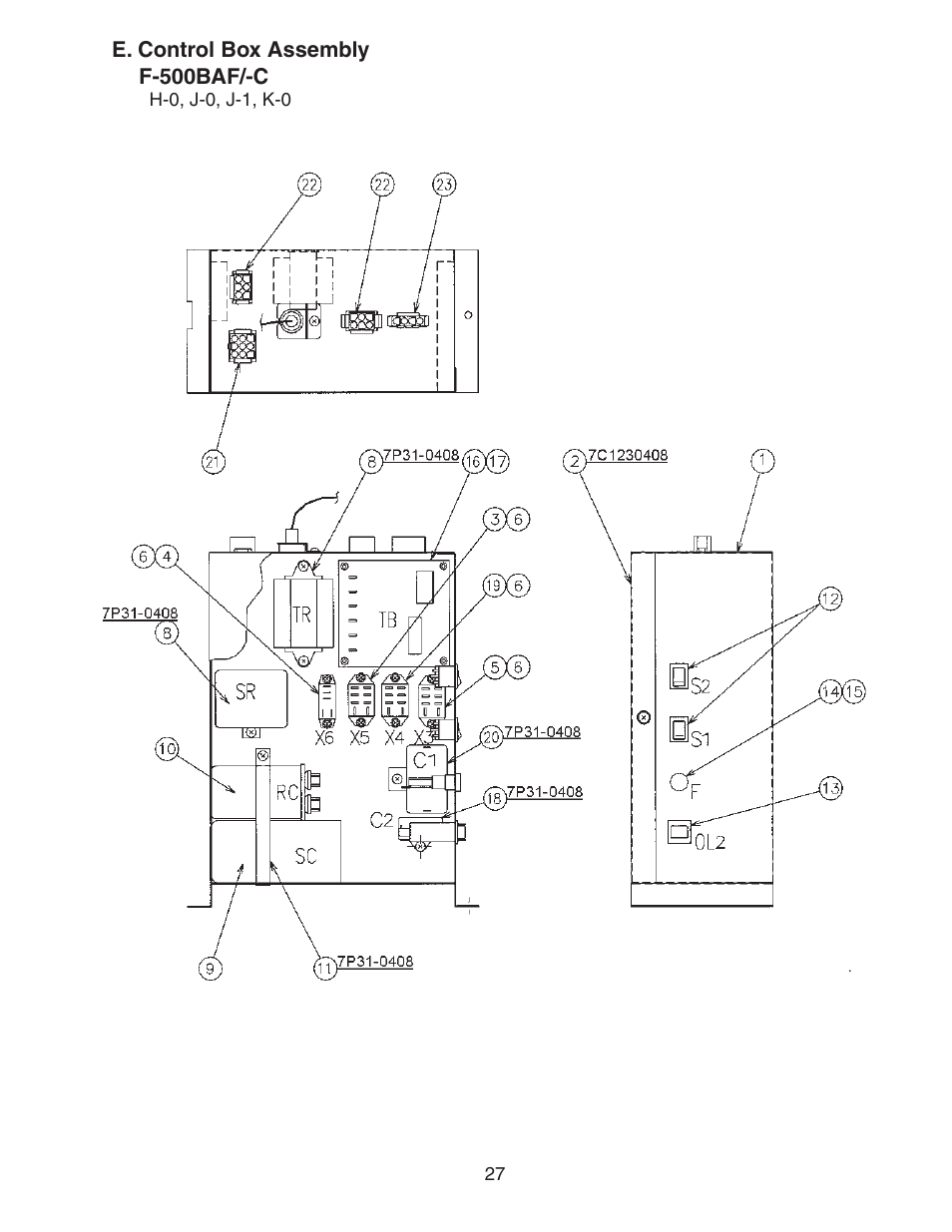 E. control box assembly, F-500baf/-c | Hoshizaki F-500BAF/-C User Manual | Page 27 / 38