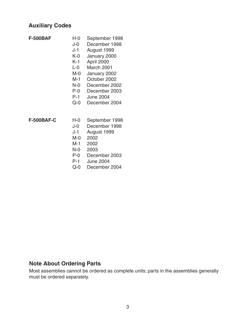 Auxiliary codes, Note about ordering parts, Auxiliary codes note about ordering parts | Hoshizaki F-500BAF/-C User Manual | Page 3 / 38