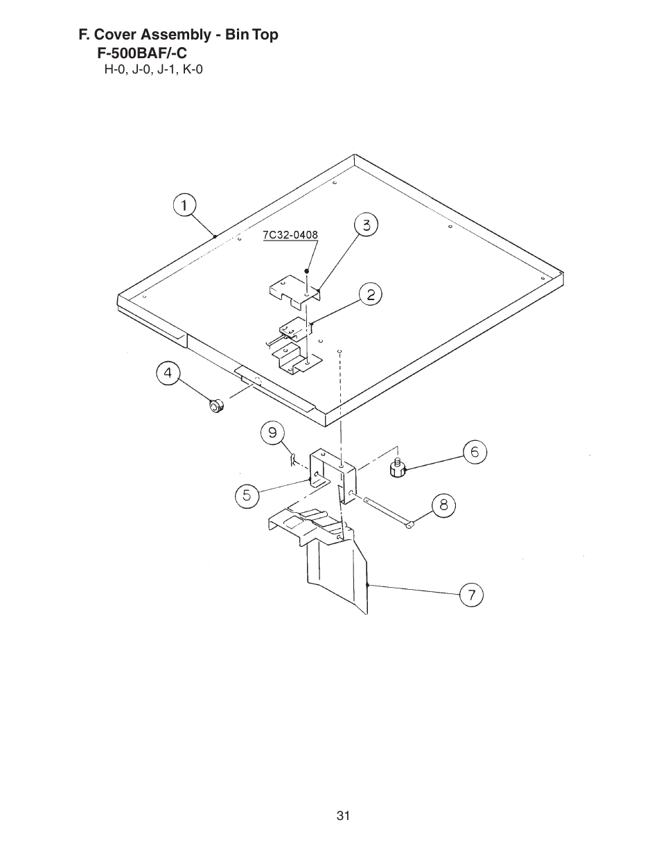 F. cover assembly - bin top, F-500baf/-c | Hoshizaki F-500BAF/-C User Manual | Page 31 / 38