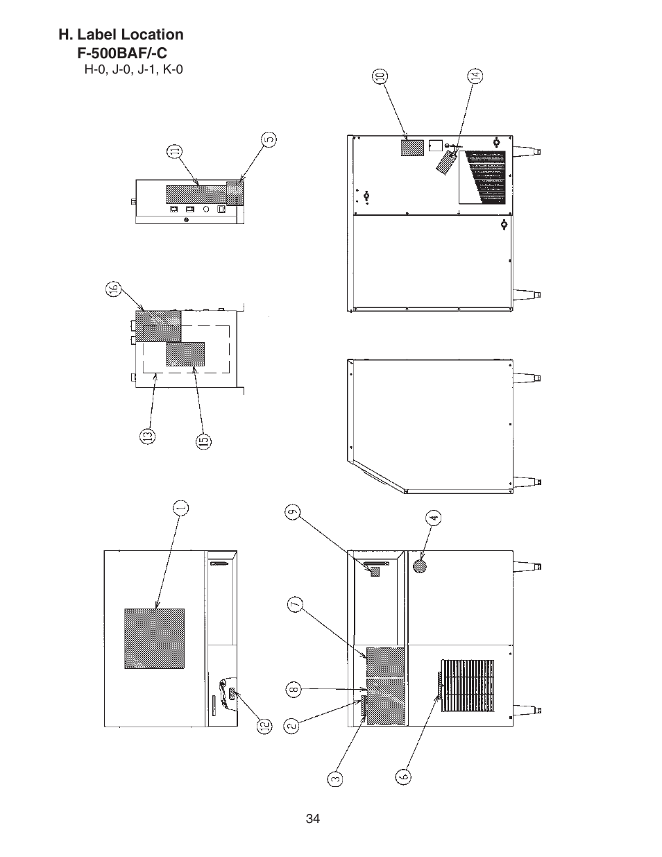 H. label location, F-500baf/-c | Hoshizaki F-500BAF/-C User Manual | Page 34 / 38