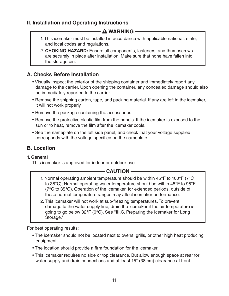 Ii. installation and operating instructions, A. checks before installation, B. location | General, A. checks before installation b. location | Hoshizaki AM-50BAE-AD User Manual | Page 11 / 34