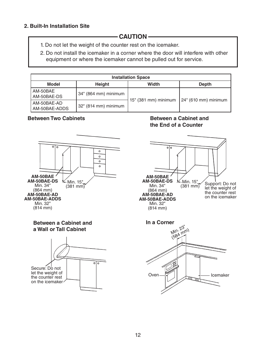Built-in installation site, Caution | Hoshizaki AM-50BAE-AD User Manual | Page 12 / 34