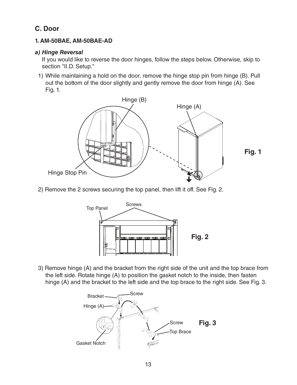 C. door, Am-50bae, am-50bae-ad, A) hinge reversal | Fig. 1, Fig. 2, Fig. 3 | Hoshizaki AM-50BAE-AD User Manual | Page 13 / 34