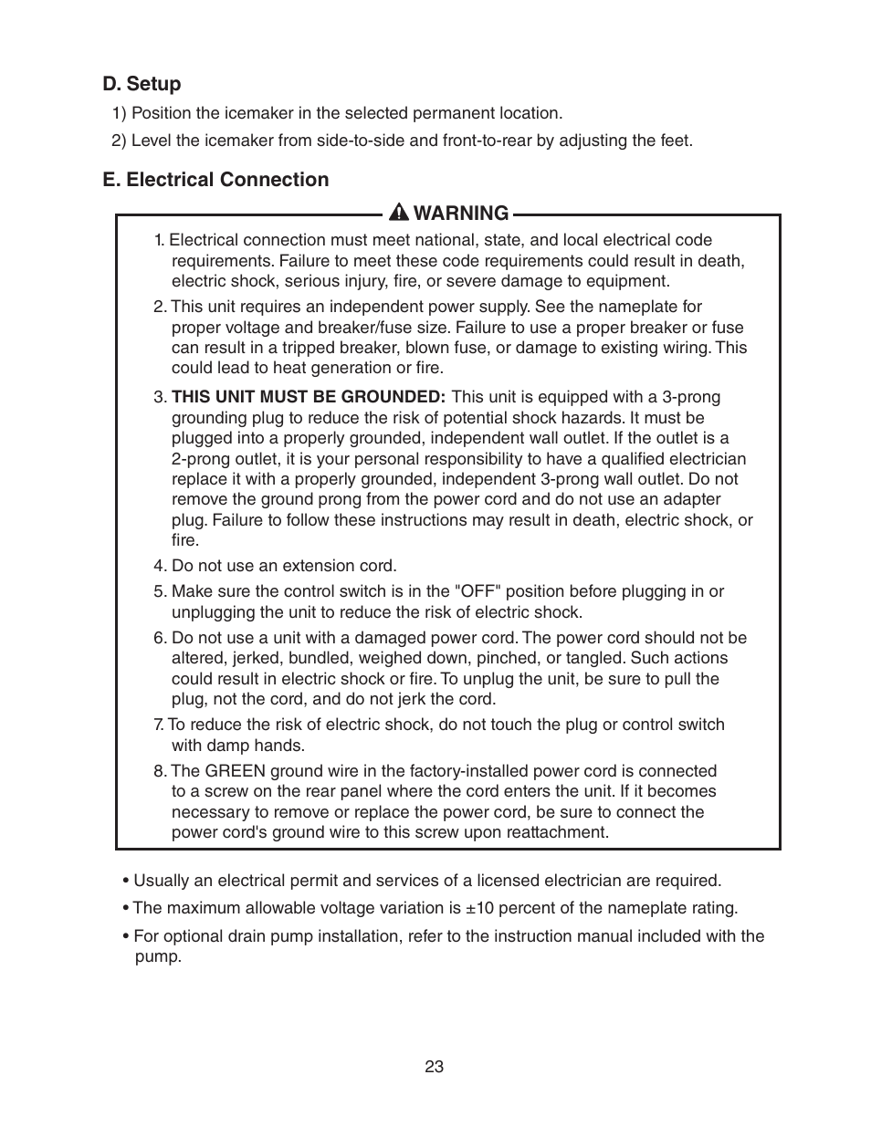 D. setup, E. electrical connection, D. setup e. electrical connection | Hoshizaki AM-50BAE-AD User Manual | Page 23 / 34