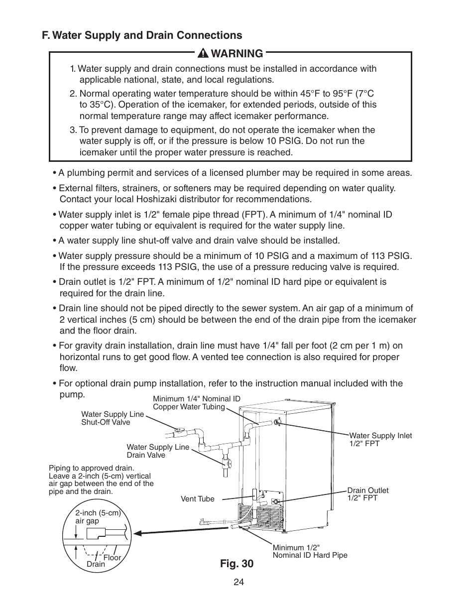 F. water supply and drain connections, F. water supply and drain connections warning, Fig. 30 | Hoshizaki AM-50BAE-AD User Manual | Page 24 / 34