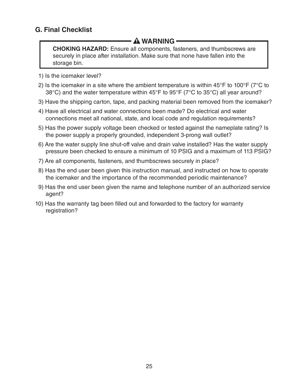 G. final checklist | Hoshizaki AM-50BAE-AD User Manual | Page 25 / 34