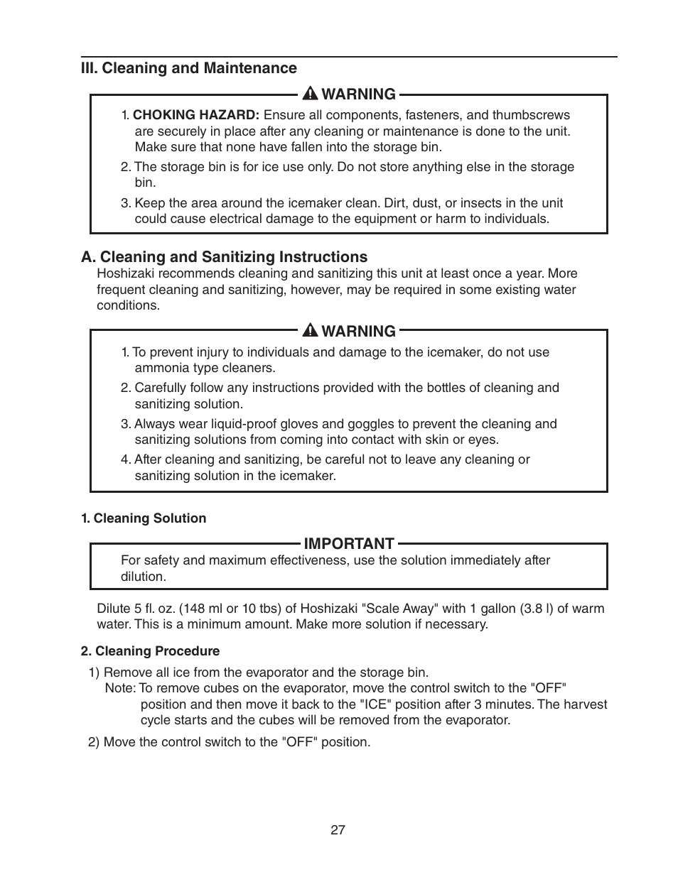 Iii. cleaning and maintenance, A. cleaning and sanitizing instructions, Cleaning solution | Cleaning procedure, Cleaning solution 2. cleaning procedure | Hoshizaki AM-50BAE-AD User Manual | Page 27 / 34