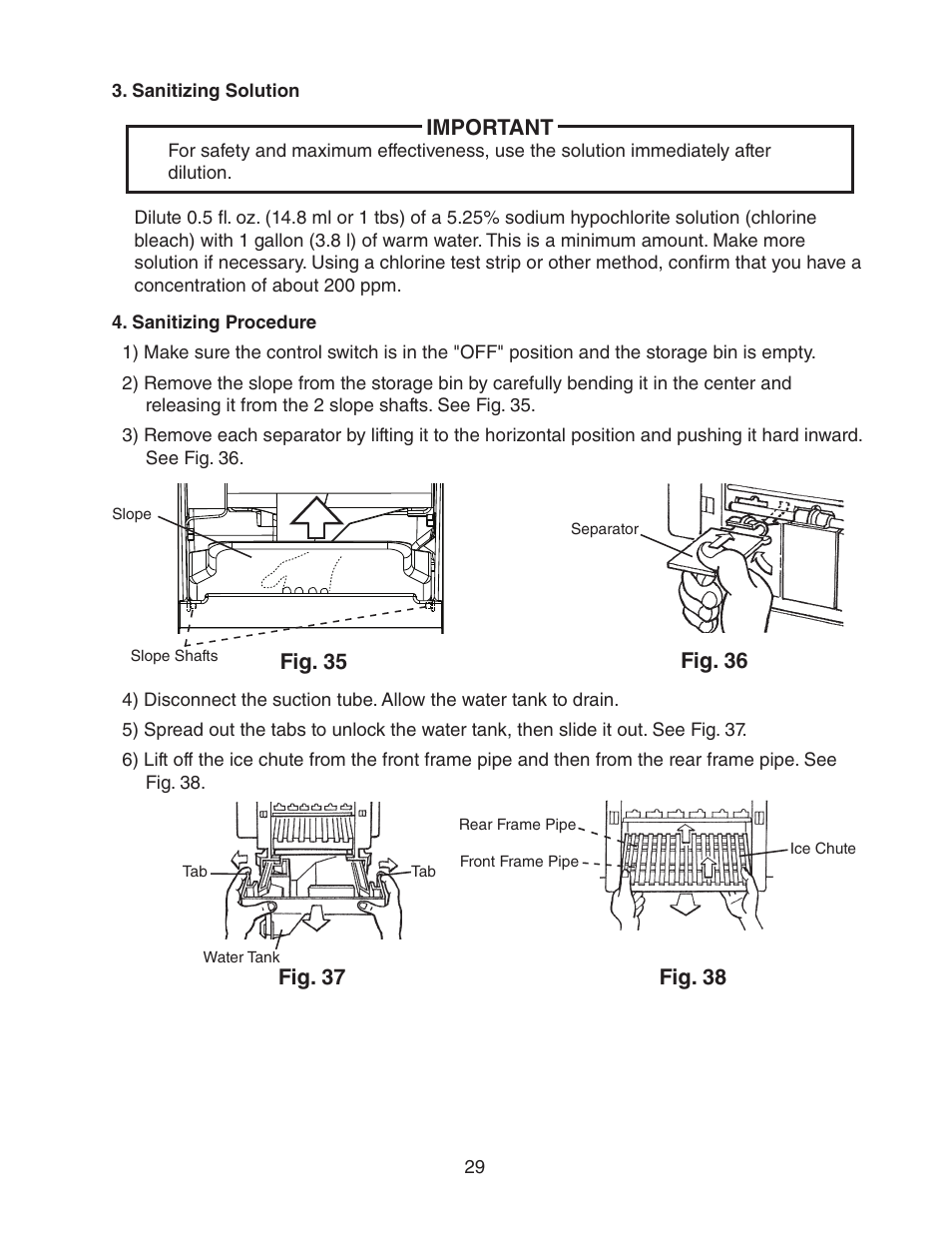 Sanitizing solution, Sanitizing procedure, Sanitizing solution 4. sanitizing procedure | Important | Hoshizaki AM-50BAE-AD User Manual | Page 29 / 34