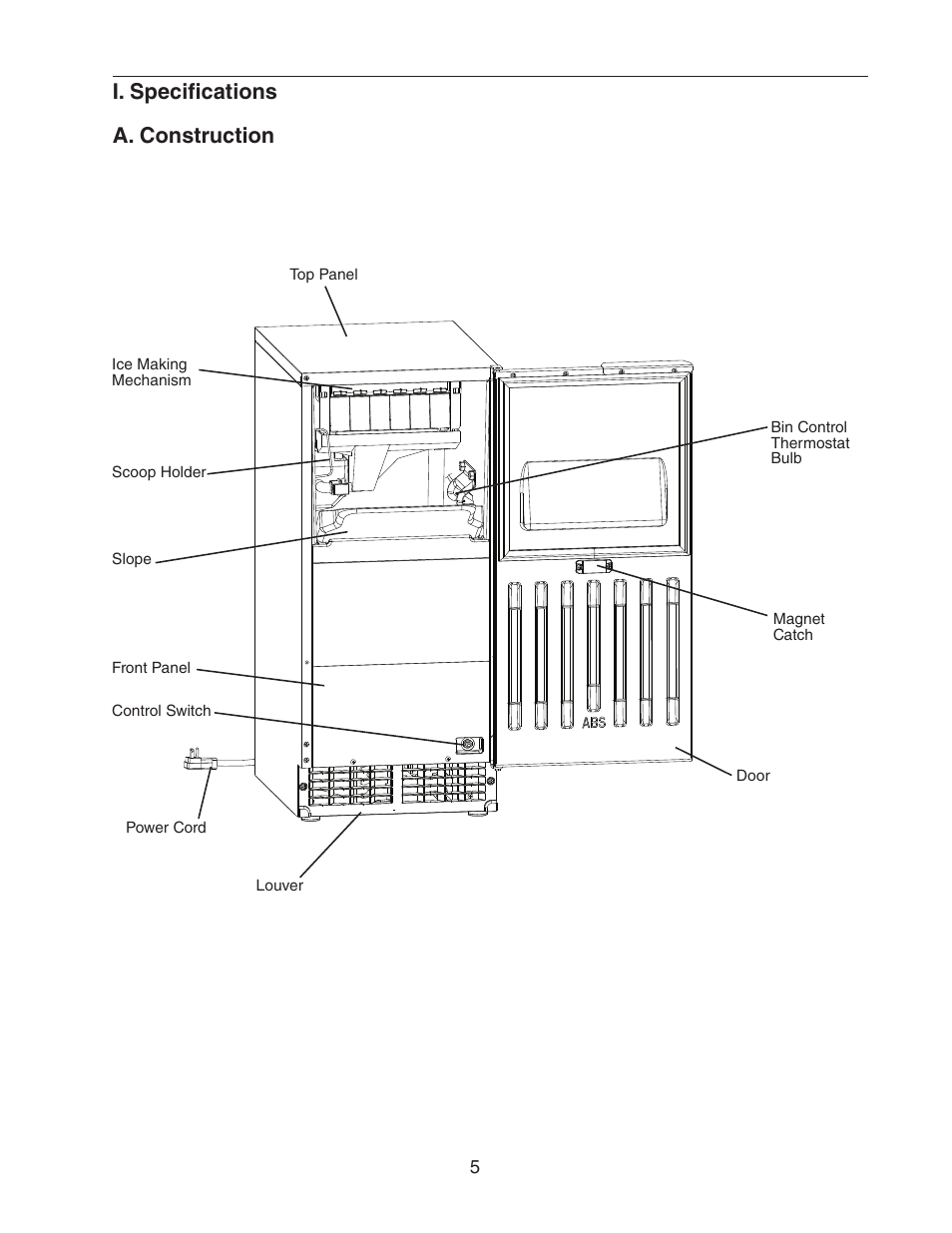 I. specifications, A. construction, I. specifications a. construction | Hoshizaki AM-50BAE-AD User Manual | Page 5 / 34