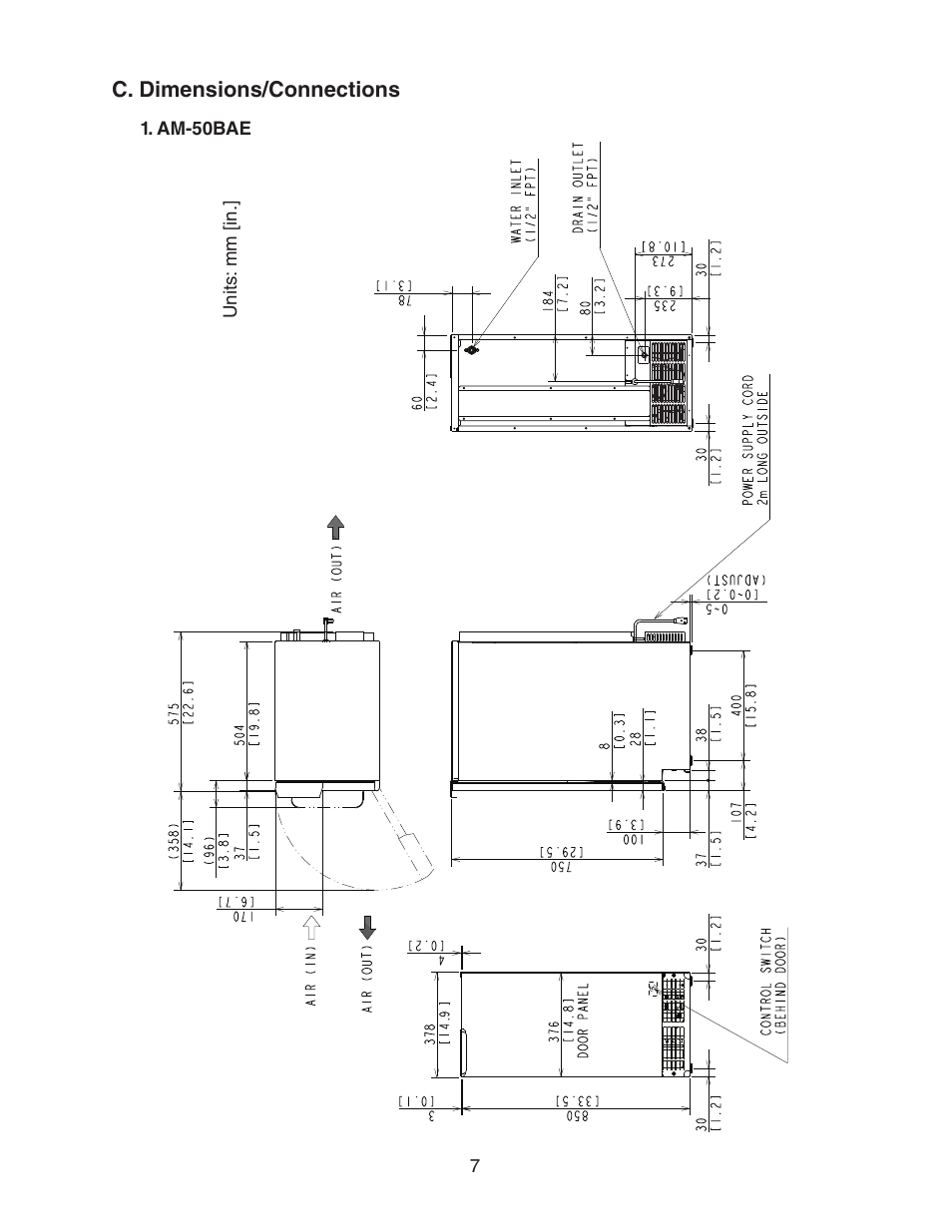 C. dimensions/connections, Am-50bae | Hoshizaki AM-50BAE-AD User Manual | Page 7 / 34