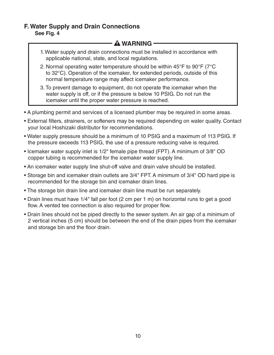 F. water supply and drain connections | Hoshizaki F-450MAH(-C)  EN User Manual | Page 10 / 22