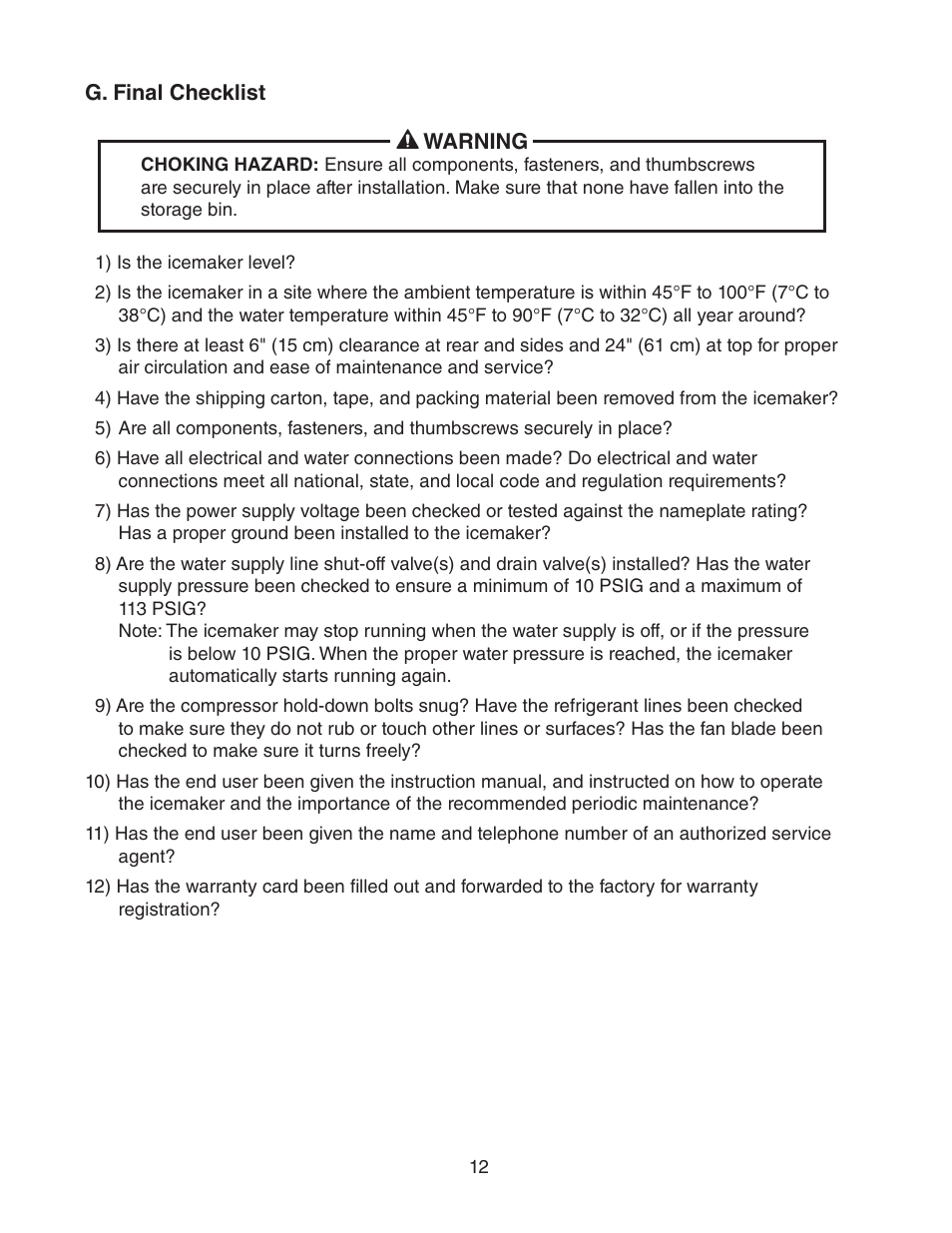 G. final checklist | Hoshizaki F-450MAH(-C)  EN User Manual | Page 12 / 22