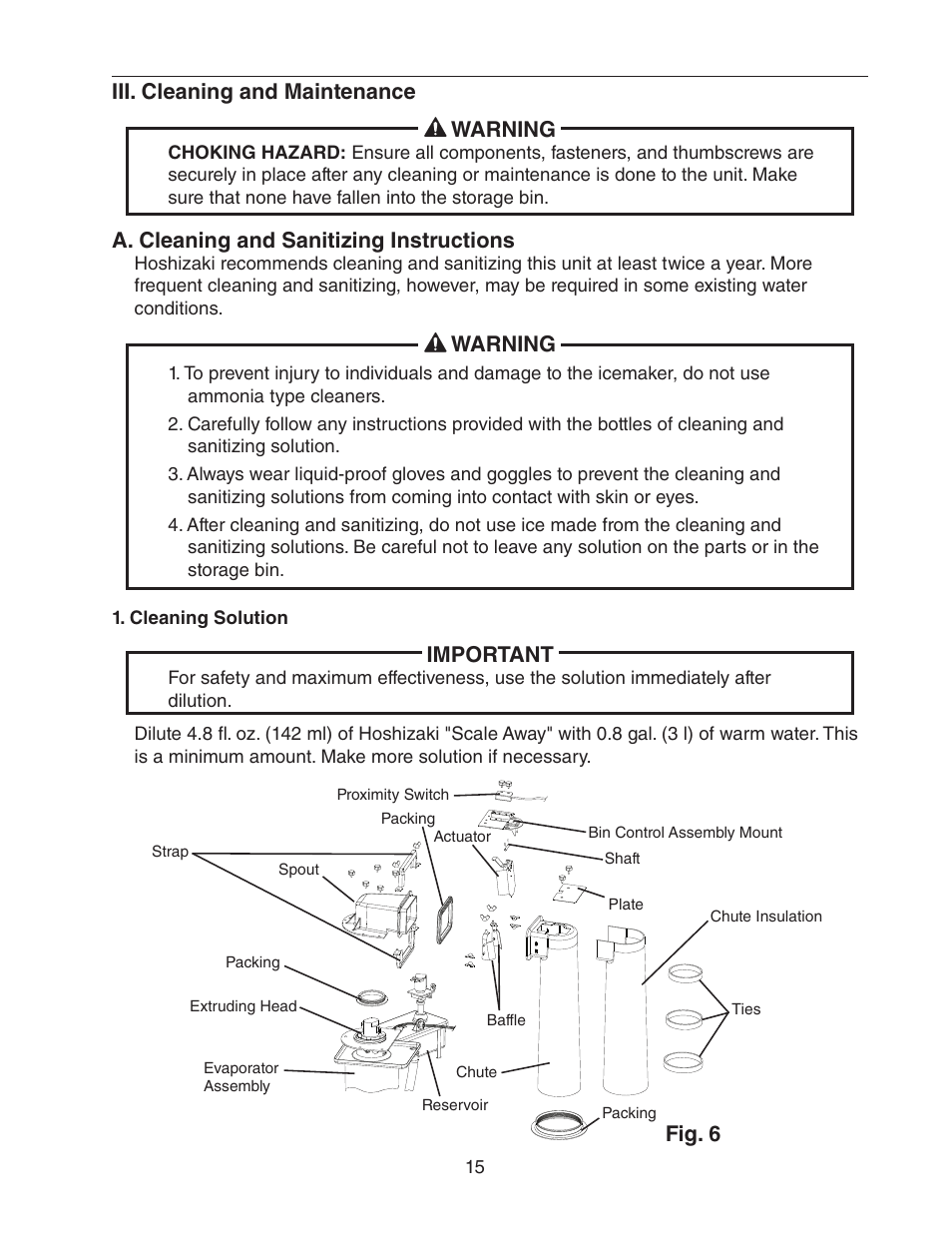 Iii. cleaning and maintenance, A. cleaning and sanitizing instructions, Iii. cleaning and maintenance warning | Warning, Important, Fig. 6 | Hoshizaki F-450MAH(-C)  EN User Manual | Page 15 / 22