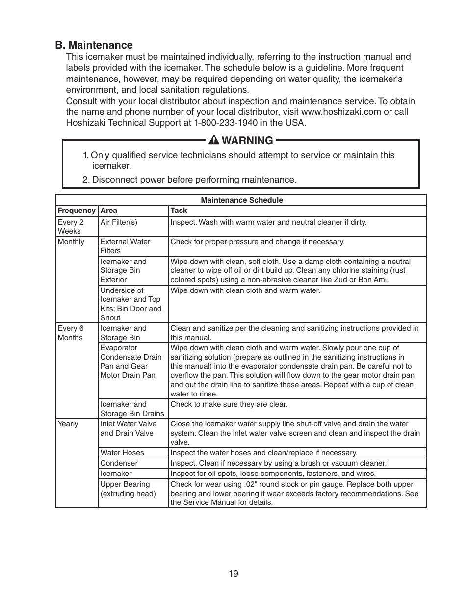 B. maintenance, Warning | Hoshizaki F-450MAH(-C)  EN User Manual | Page 19 / 22