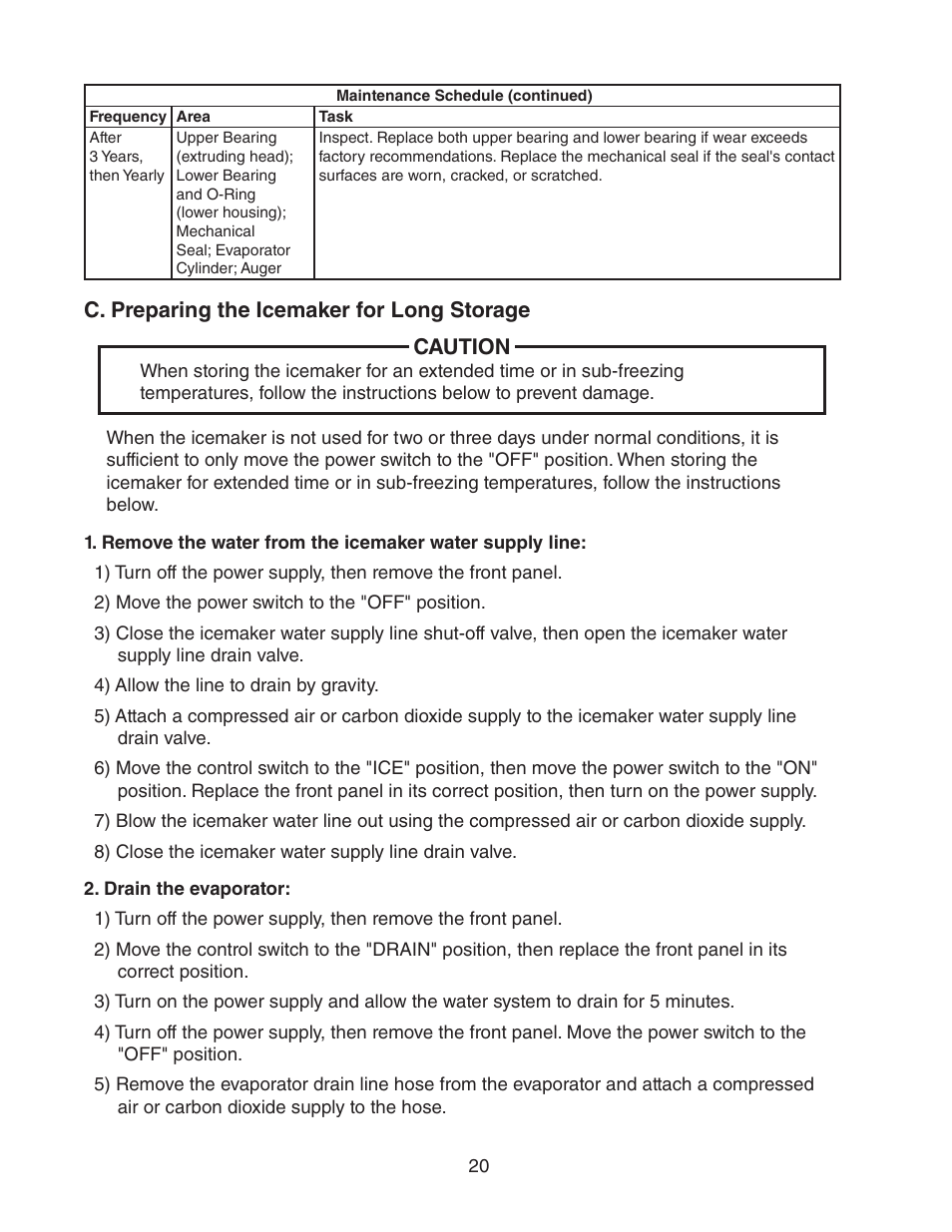 C. preparing the icemaker for long storage, C. preparing the icemaker for long storage caution | Hoshizaki F-450MAH(-C)  EN User Manual | Page 20 / 22