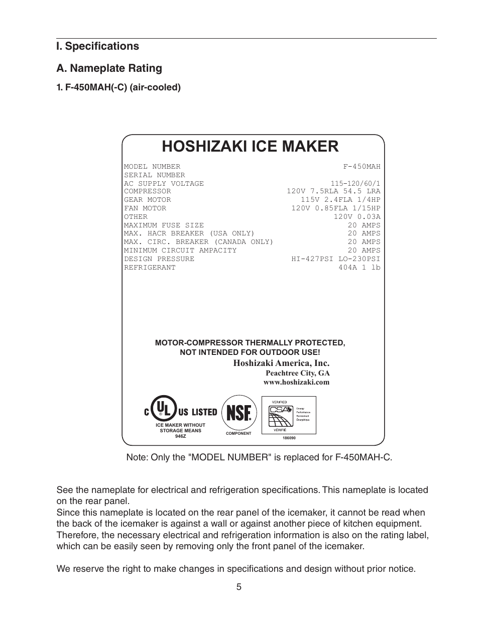 I. specifications, A. nameplate rating, Hoshizaki ice maker | I. specifications a. nameplate rating | Hoshizaki F-450MAH(-C)  EN User Manual | Page 5 / 22