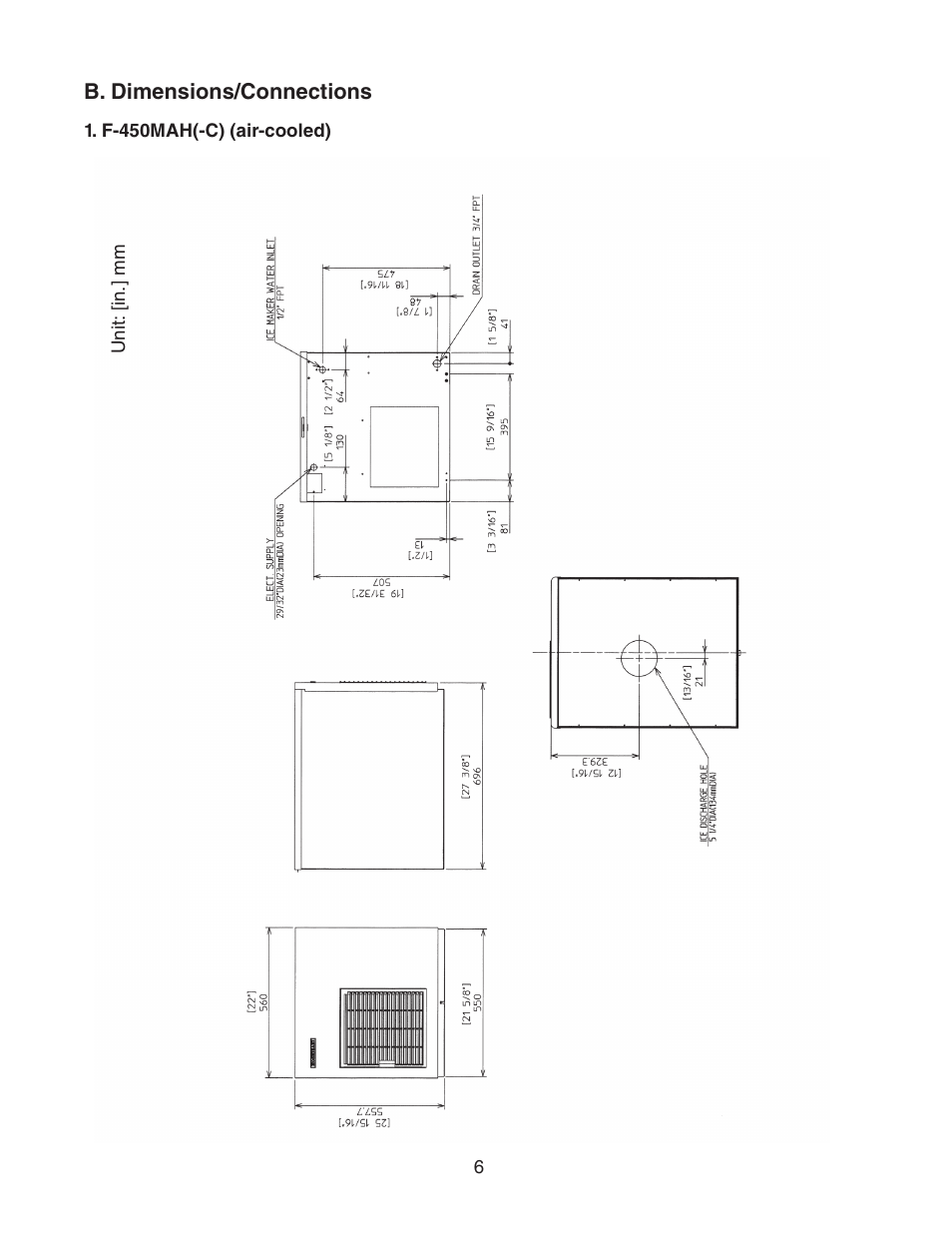 B. dimensions/connections | Hoshizaki F-450MAH(-C)  EN User Manual | Page 6 / 22
