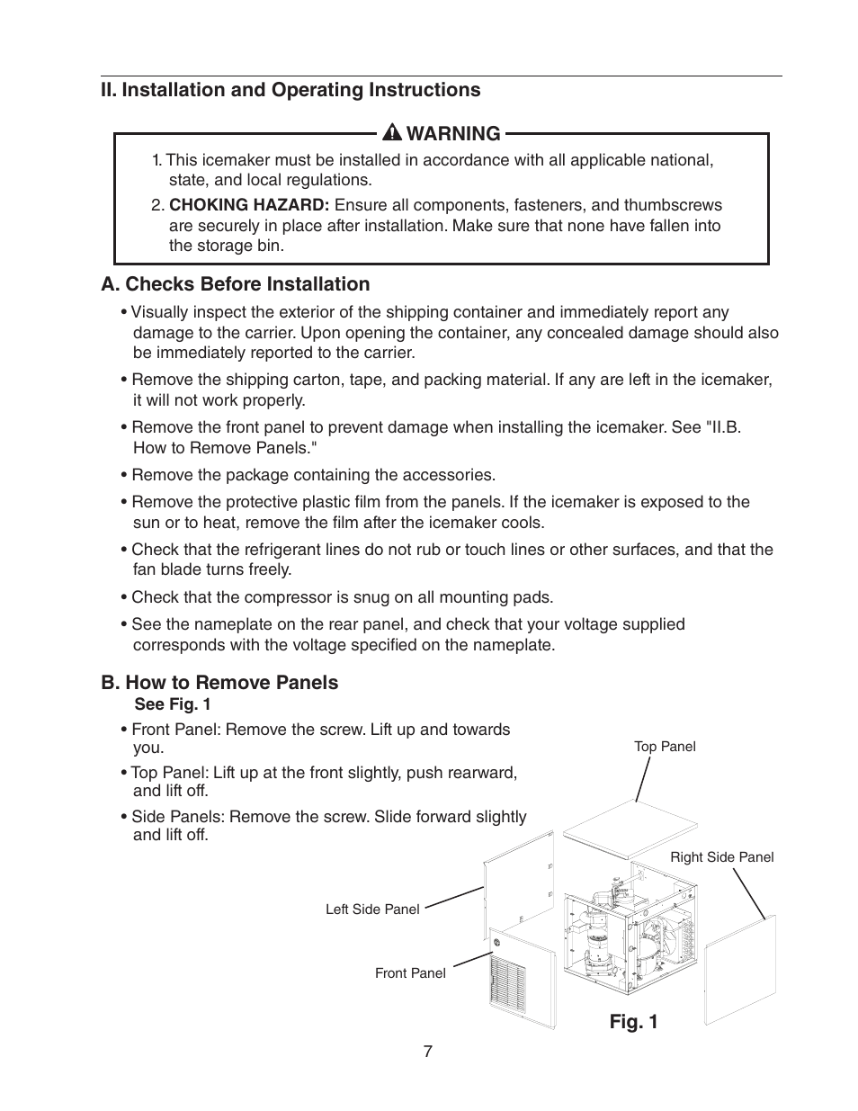 Ii. installation and operating instructions, A. checks before installation, B. how to remove panels | Hoshizaki F-450MAH(-C)  EN User Manual | Page 7 / 22