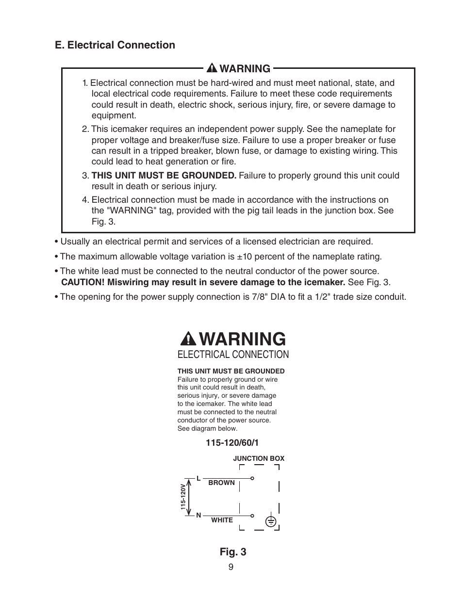 E. electrical connection, Warning | Hoshizaki F-450MAH(-C)  EN User Manual | Page 9 / 22