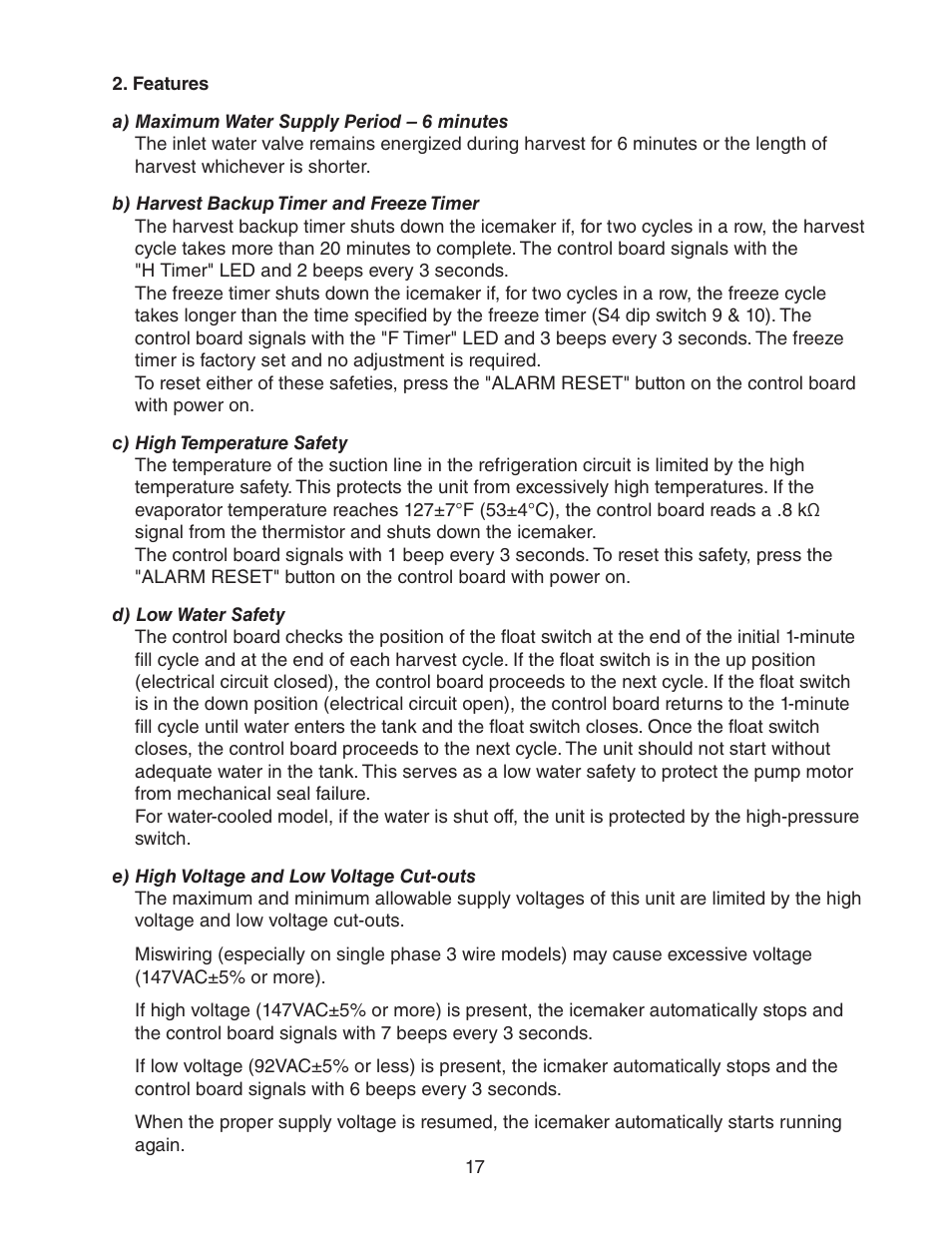 Features, A) maximum water supply period – 6 minutes, B) harvest backup timer and freeze timer | C) high temperature safety, D) low water safety, E) high voltage and low voltage cut-outs | Hoshizaki KM-2500SWH3 User Manual | Page 17 / 61