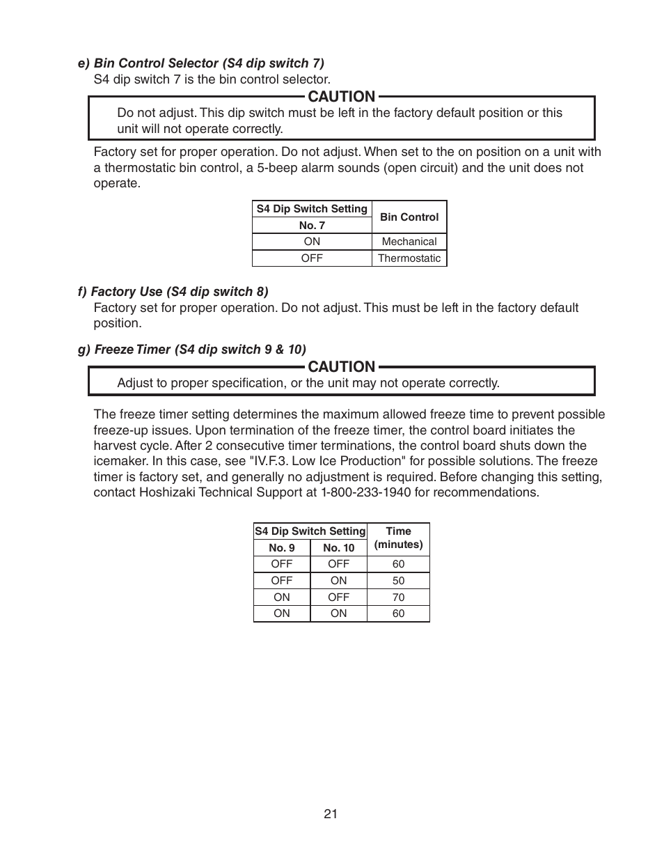 E) bin control selector (s4 dip switch 7), F) factory use (s4 dip switch 8), G) freeze timer (s4 dip switch 9 & 10) | Caution | Hoshizaki KM-2500SWH3 User Manual | Page 21 / 61