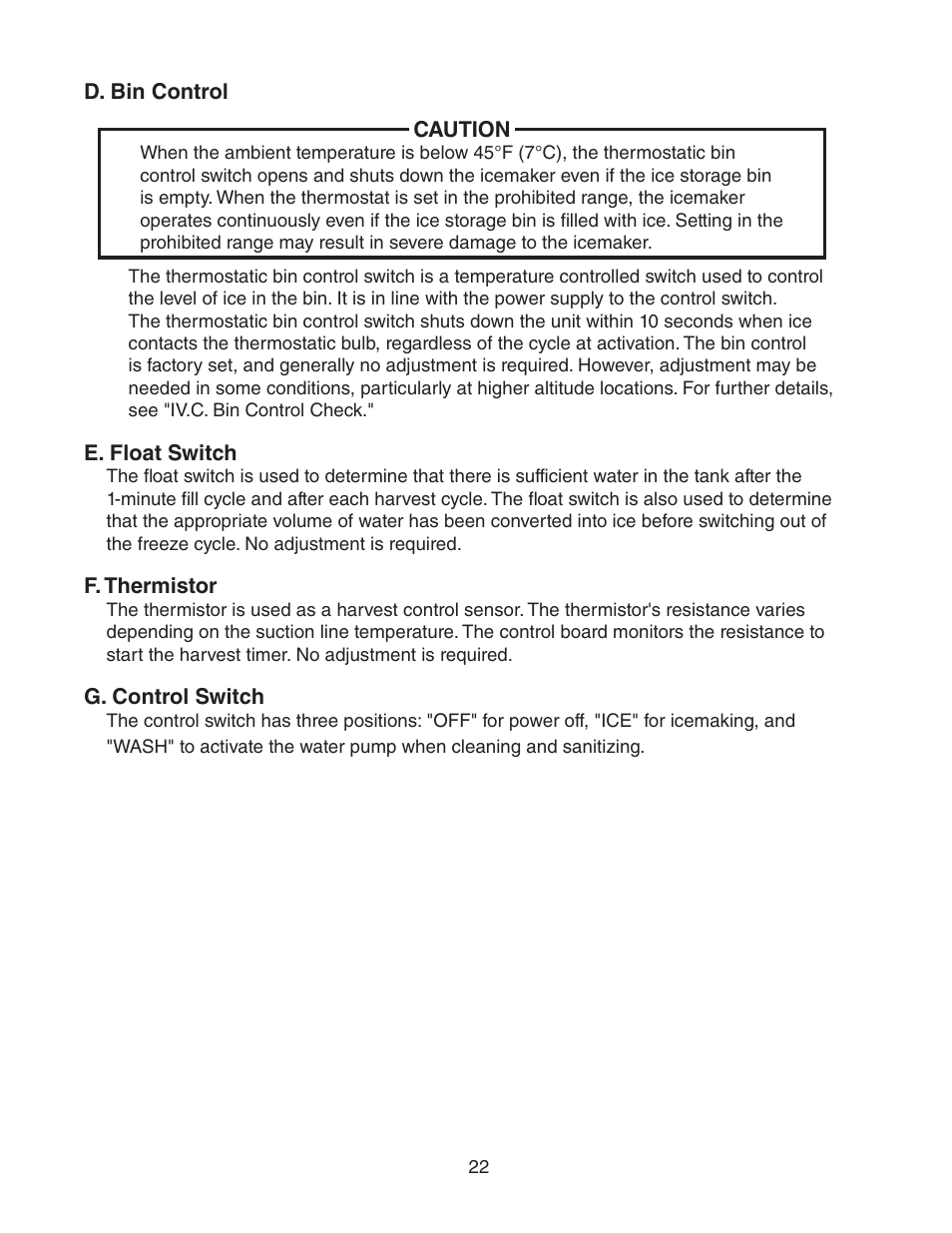 D. bin control, E. float switch, F. thermistor | G. control switch | Hoshizaki KM-2500SWH3 User Manual | Page 22 / 61