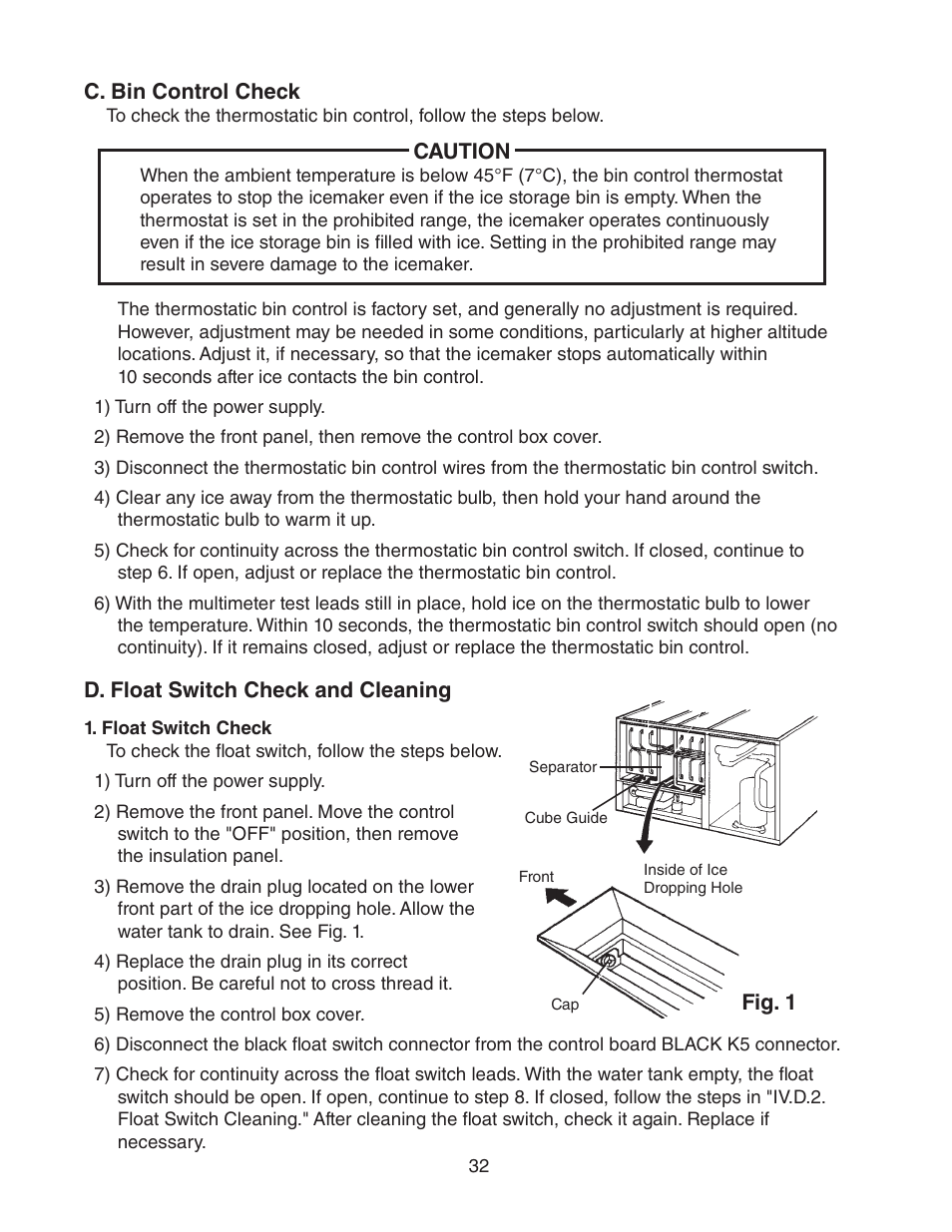 C. bin control check, D. float switch check and cleaning | Hoshizaki KM-2500SWH3 User Manual | Page 32 / 61