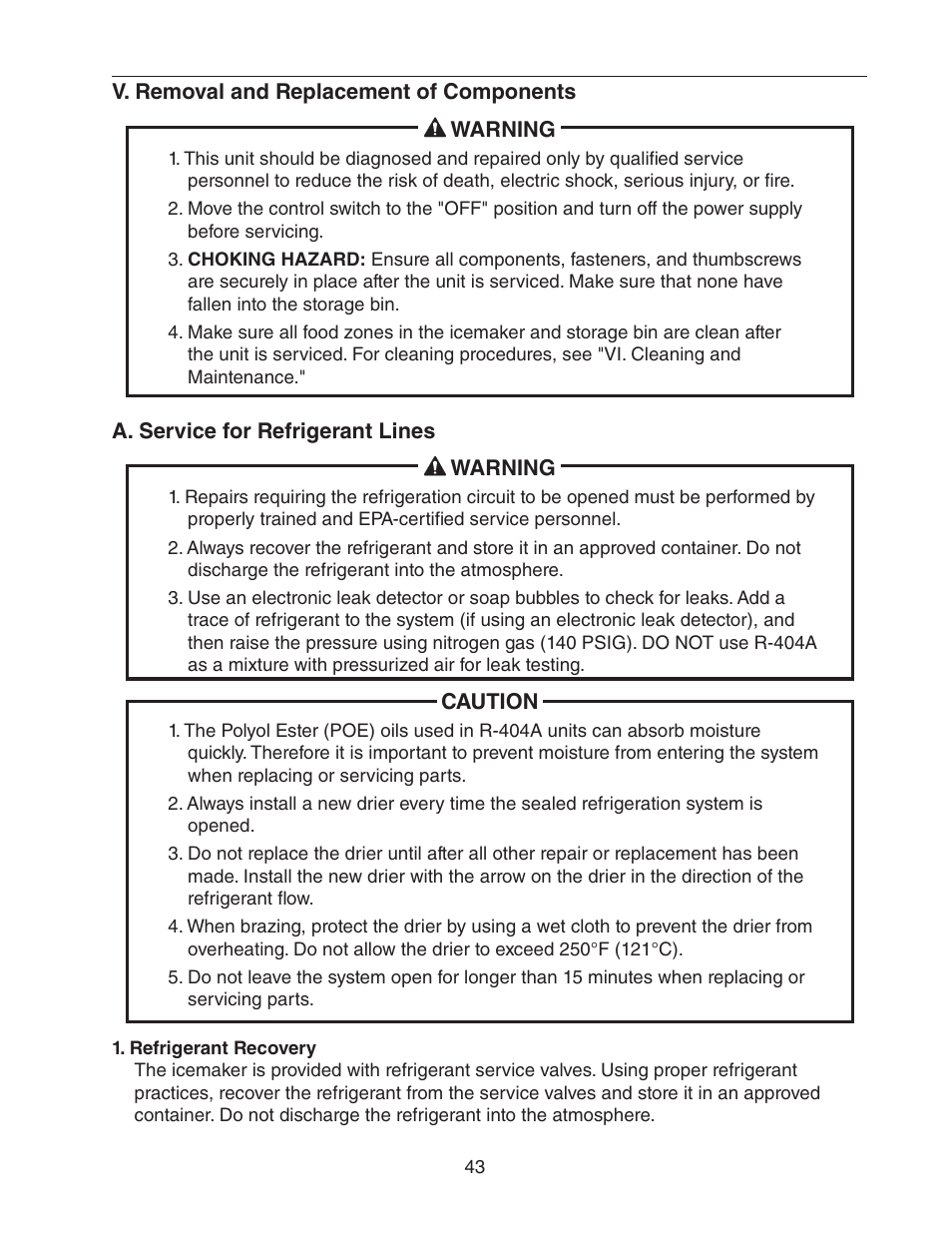V. removal and replacement of components, A. service for refrigerant lines, Refrigerant recovery | Hoshizaki KM-2500SWH3 User Manual | Page 43 / 61
