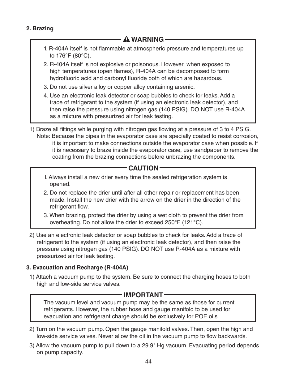 Brazing, Evacuation and recharge (r-404a), Brazing 3. evacuation and recharge (r-404a) | Hoshizaki KM-2500SWH3 User Manual | Page 44 / 61