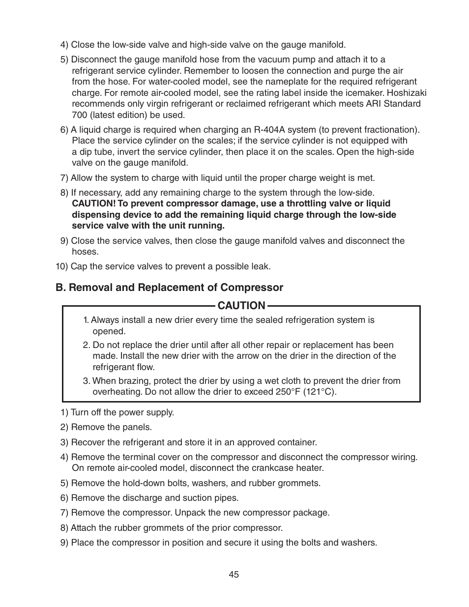 B. removal and replacement of compressor | Hoshizaki KM-2500SWH3 User Manual | Page 45 / 61