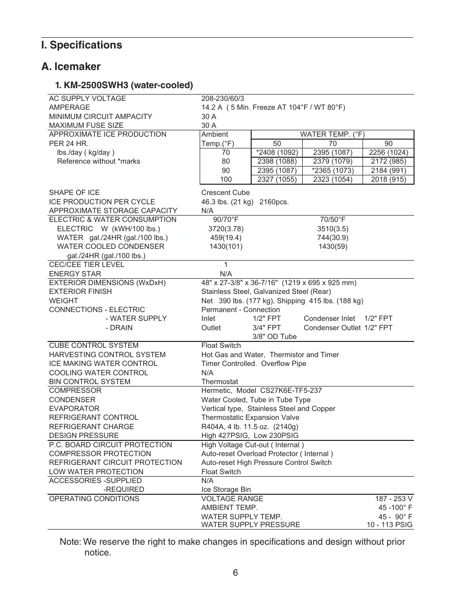 I. specifications, A. icemaker, Km-2500swh3 (water-cooled) | I. specifications a. icemaker | Hoshizaki KM-2500SWH3 User Manual | Page 6 / 61