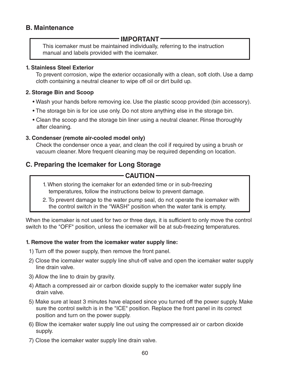 B. maintenance, C. preparing the icemaker for long storage | Hoshizaki KM-2500SWH3 User Manual | Page 60 / 61