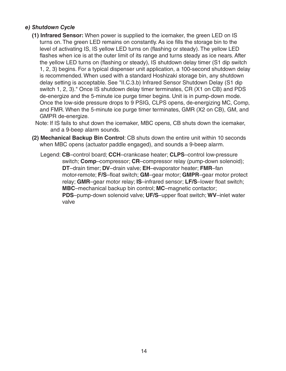 E) shutdown cycle | Hoshizaki MODULAR CUBELET SERENITY SERIES FS-1022MLH-C User Manual | Page 14 / 57
